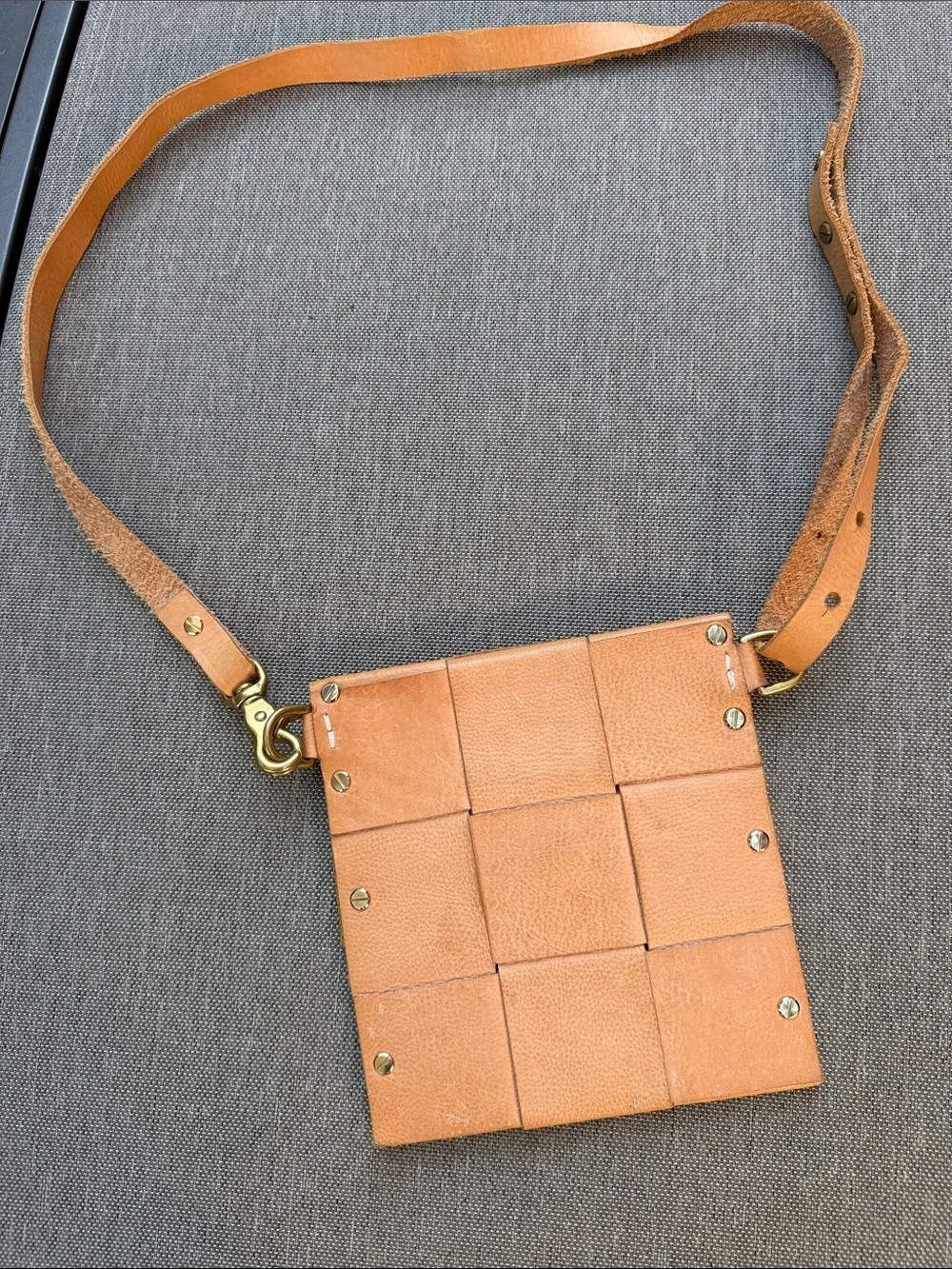 Handmade Leather Crossbody Bag - Natural with Brass